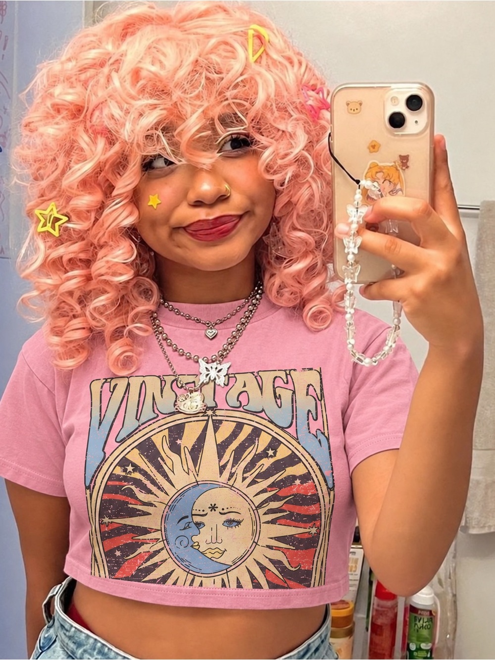 Vintage Sun & Moon Pink Crop Tee